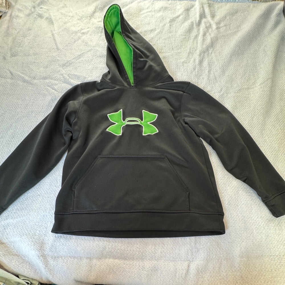 Under‎ Armour Boys Hoodie Black Lime Green Big Logo Sweatshirt Youth Medium YMD